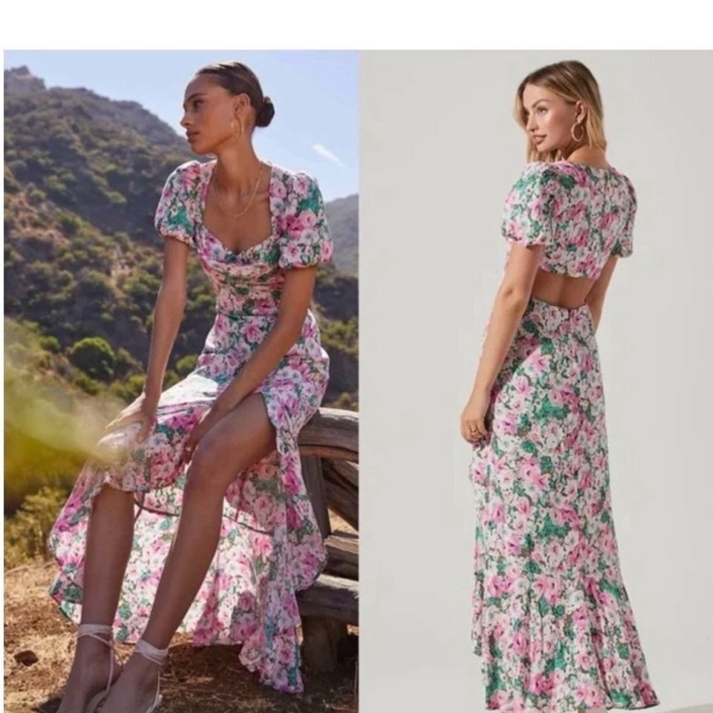 Astr Pink and Green Puff Sleeve Sundress with Sweetheart Neckline